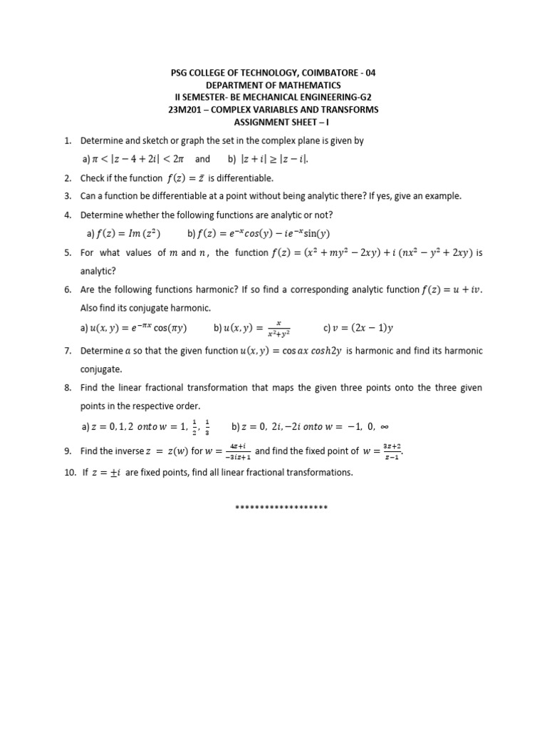 Complex Variables Assignment - BE Mechanical | PDF