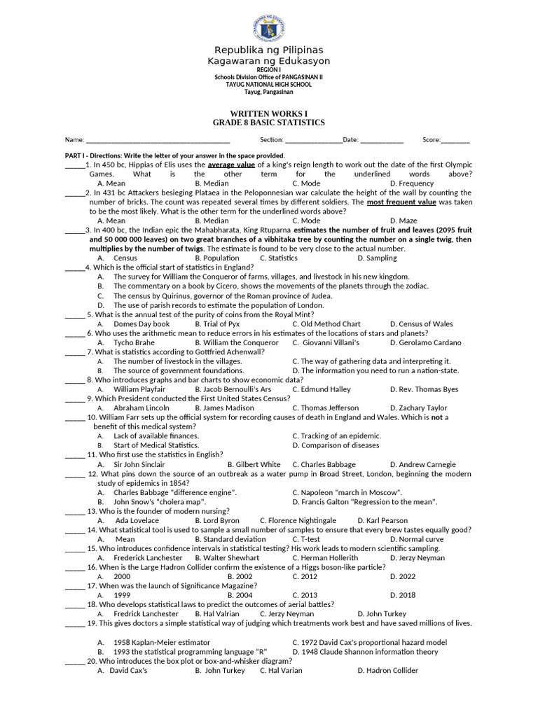 Grade 8 Basic Statistics Quiz | PDF | Sampling (Statistics ...