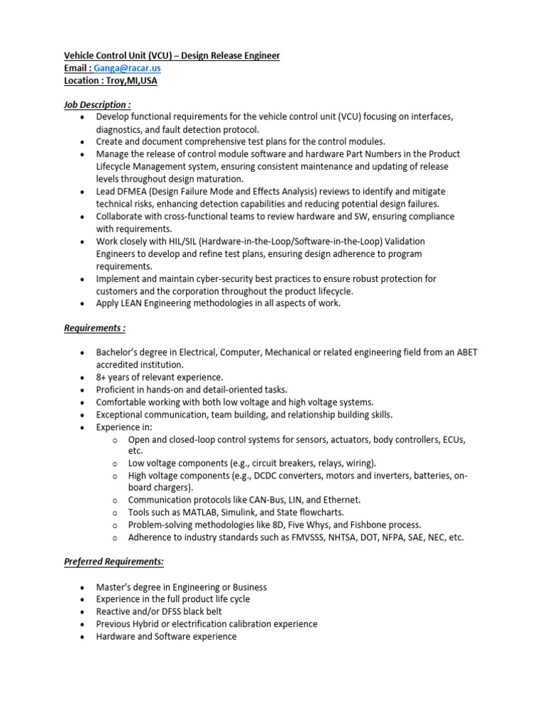 Vehicle Control Unit VCU Design Release Engineer 1706694556 | PDF ...