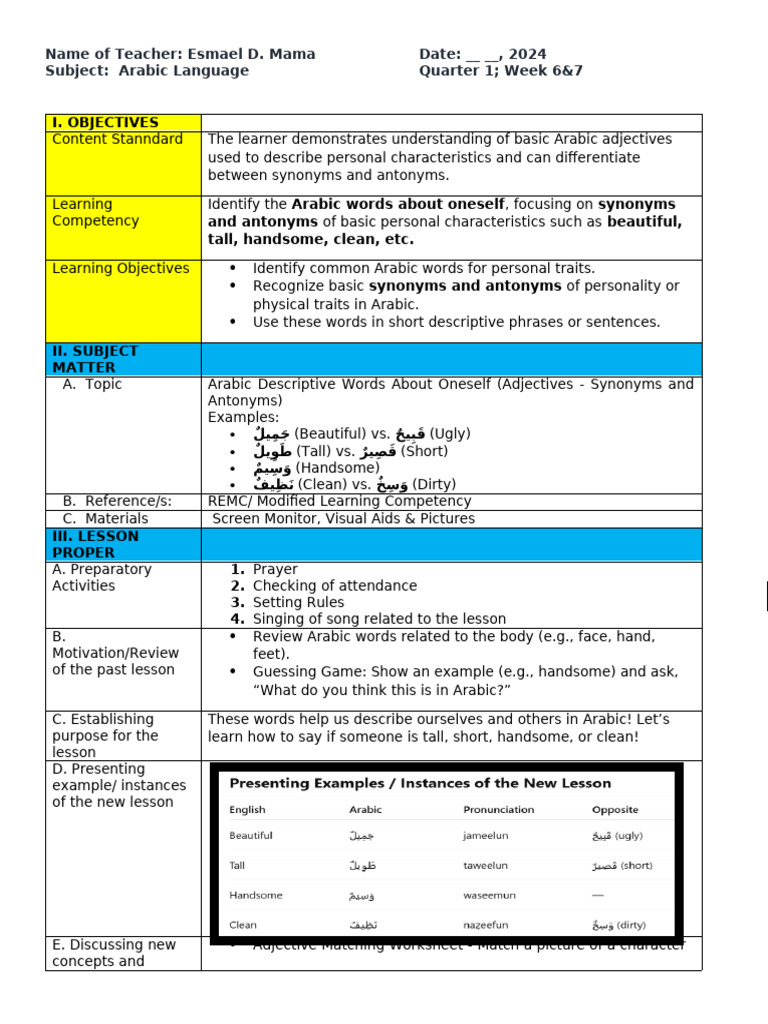 LP Level 2, Arabic Language, Quarter 1 Week 6&7 | PDF | Learning | Arabic