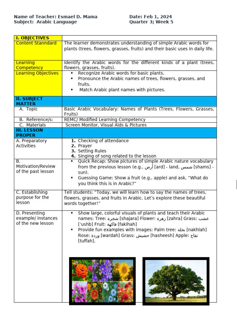 Arabic Vocabulary: Plants Lesson Plan | PDF | Learning | Arabic