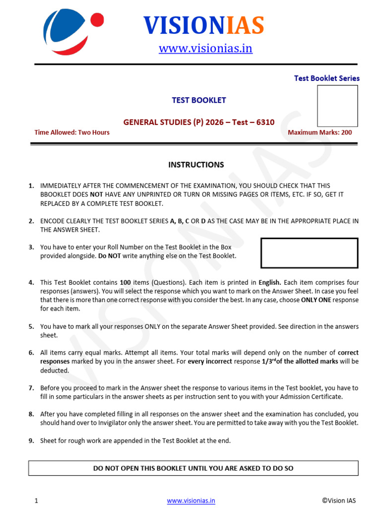 Vision IAS Prelims 2026 Test 1 With Solution in English | PDF | State Of  Emergency | Bill (Law)