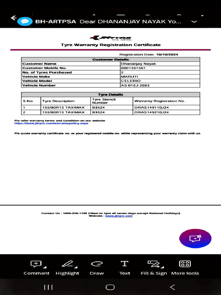 Tyre Warranty Registration Details | PDF