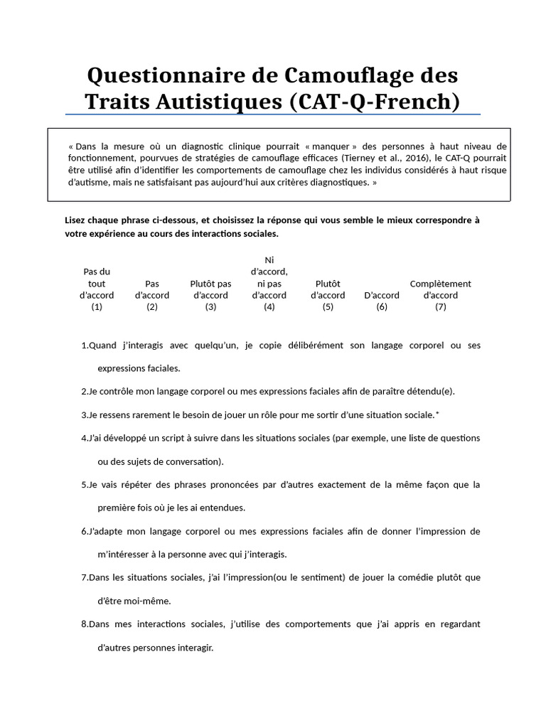 Questionnaire CAT-Q sur le Camouflage Autistique | PDF | Autisme ...