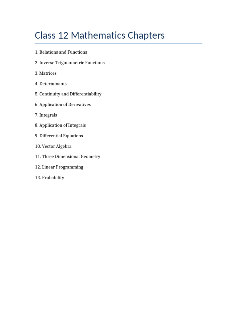 Class 12 Mathematics Chapter List | PDF