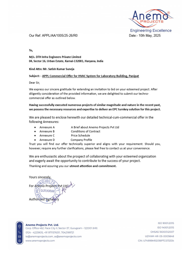 Anemo Projects HVAC Offer for Panipat | PDF