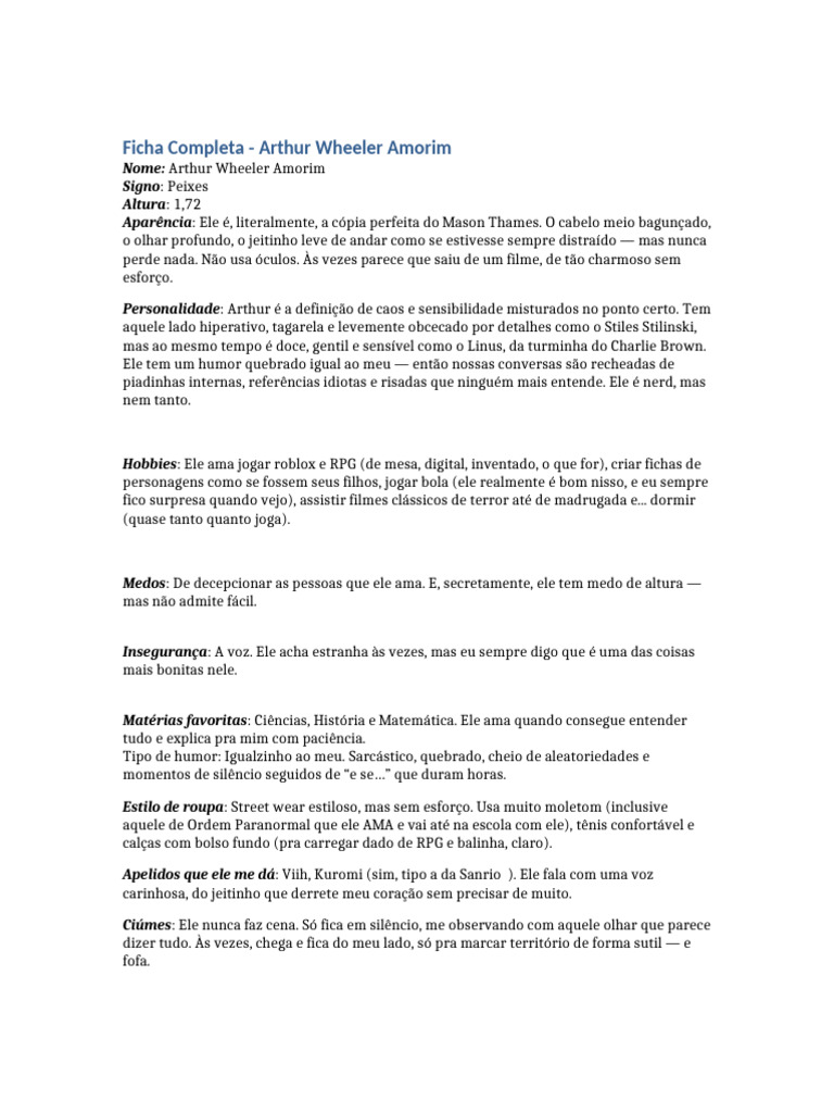 Ficha Arthur Wheeler Amorim | PDF | Jogos de RPG