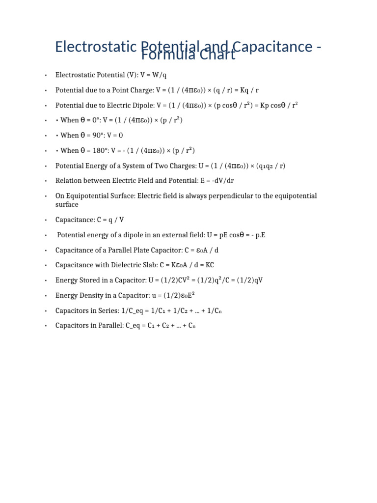 Electrostatic Potential & Capacitance Formulas | PDF