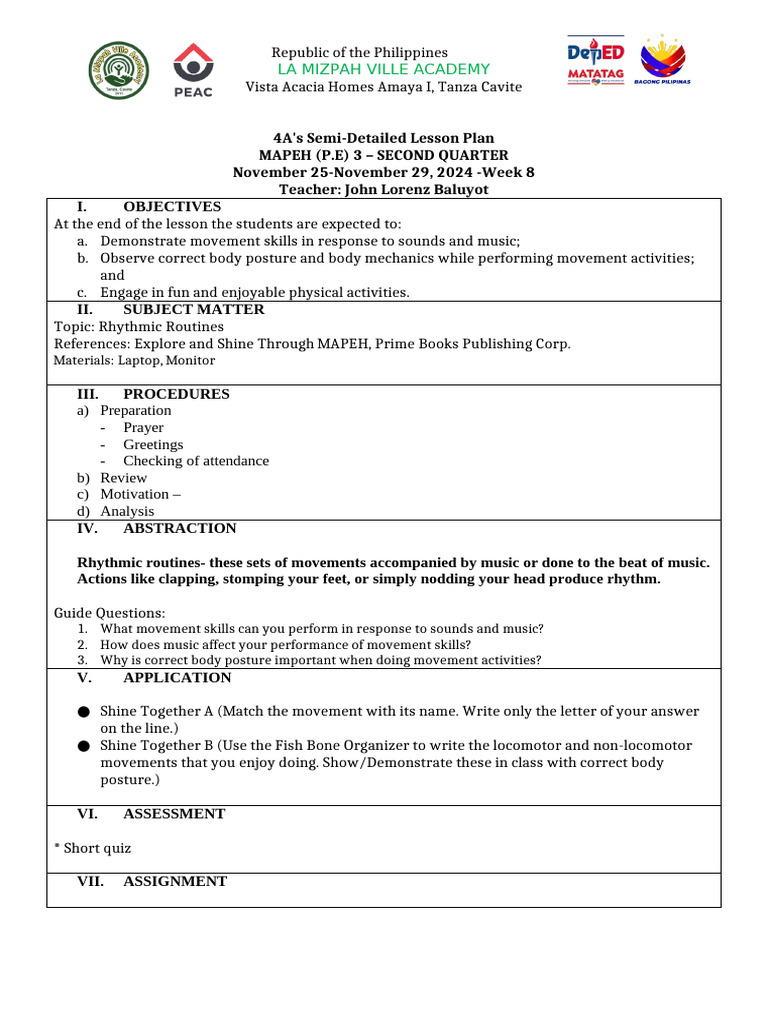 MAPEH P.E. Lesson Plan: Rhythmic Routines | PDF