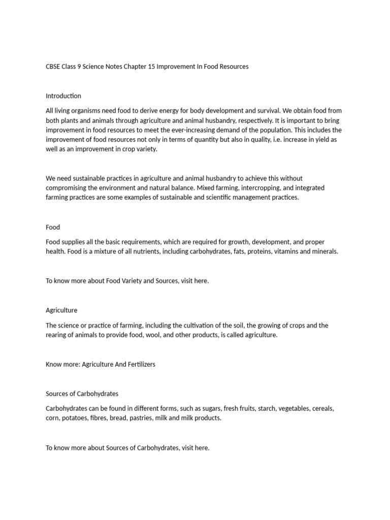 Improvement in Food Resources: Class 9 Notes | PDF | Nutrients ...