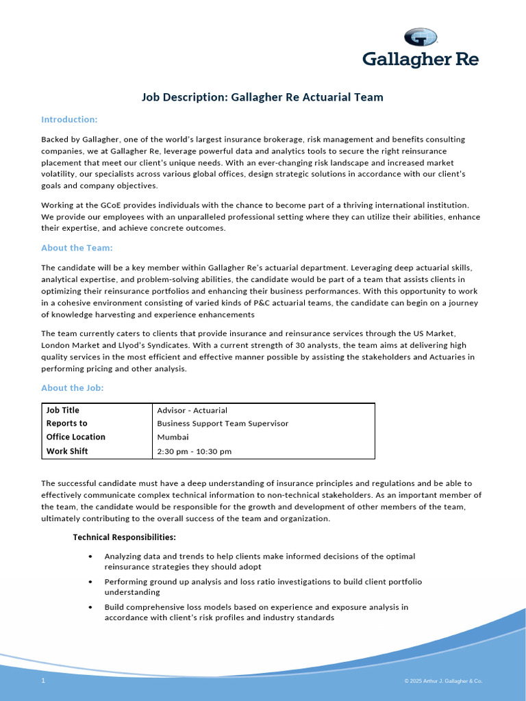 Gallagher Re Actuarial Advisor Role | PDF | Actuary | Risk