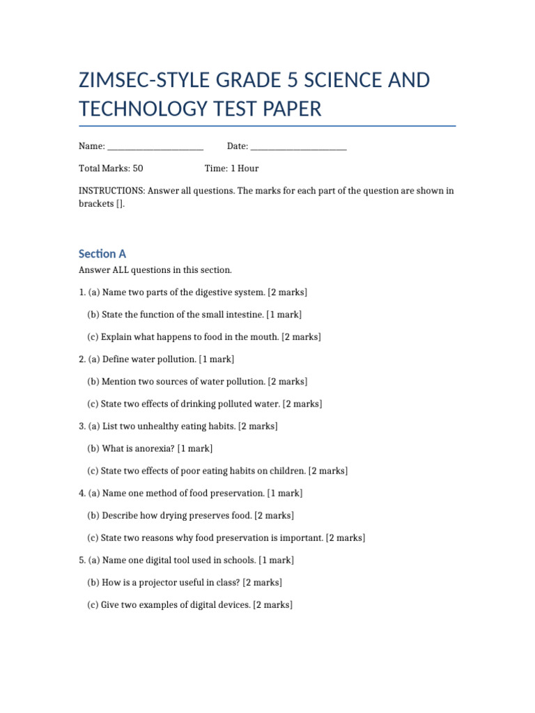 Grade 5 Science & Technology Test Paper | PDF | Sexually Transmitted ...