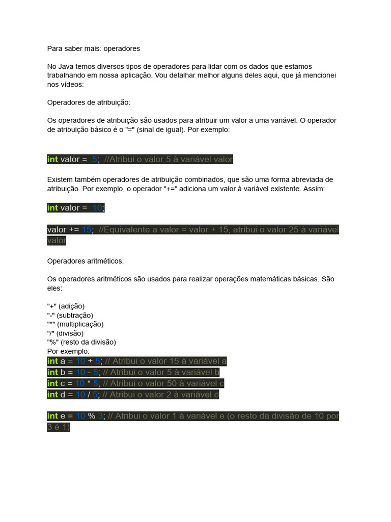 Operadores e Tipos Primitivos em Java | PDF | Matemática | Engenharia ...