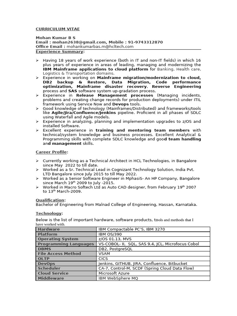 Updated Resume - Mohan B S | PDF | Ibm Db2 | Software Engineering