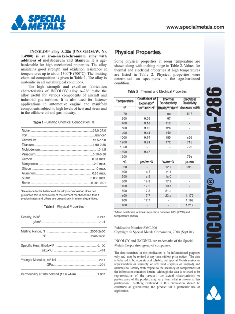 Incoloy Alloy A-286 | PDF | Alloy | Ultimate Tensile Strength