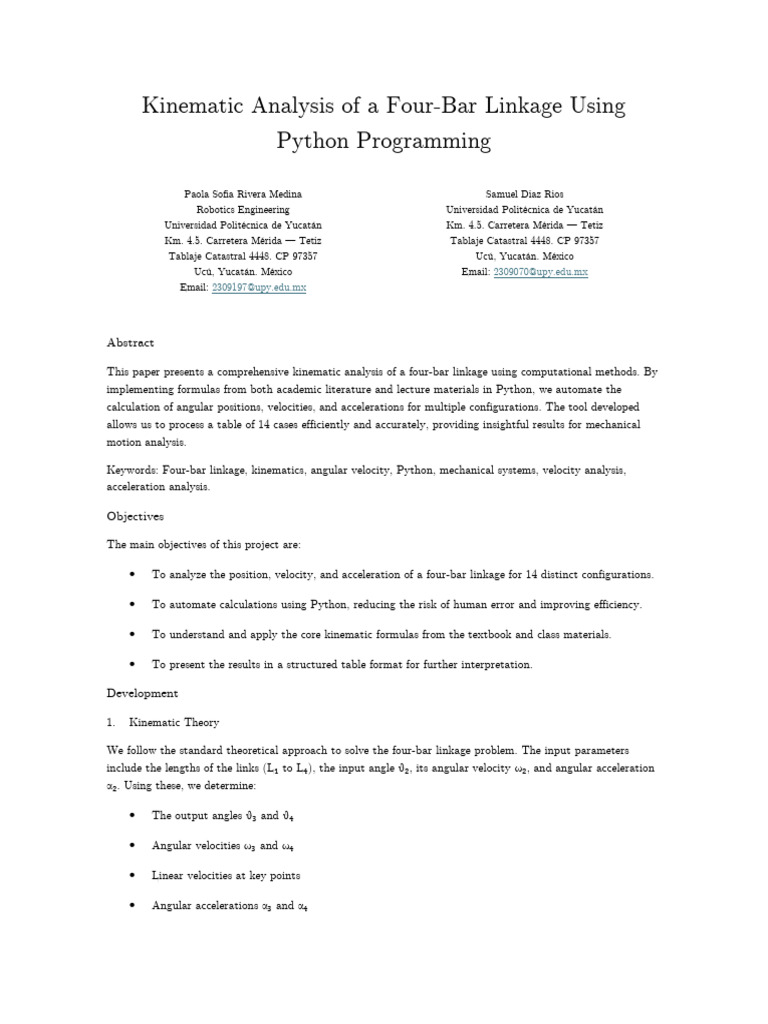 Kinematic Analysis of A Four-Bar Linkage Using Python Programming | PDF ...