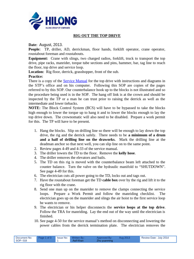 Top Drive Rigging Procedure Guide | PDF | Crane (Machine)