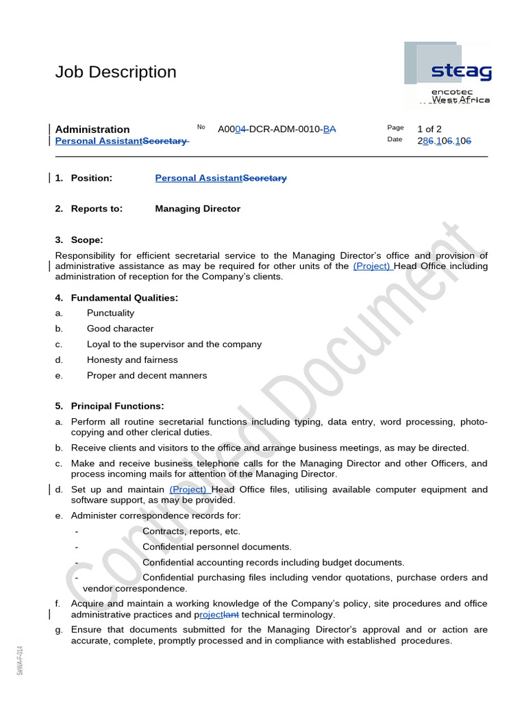 Personal Assistant Job Description | PDF | Regulatory Compliance | Business