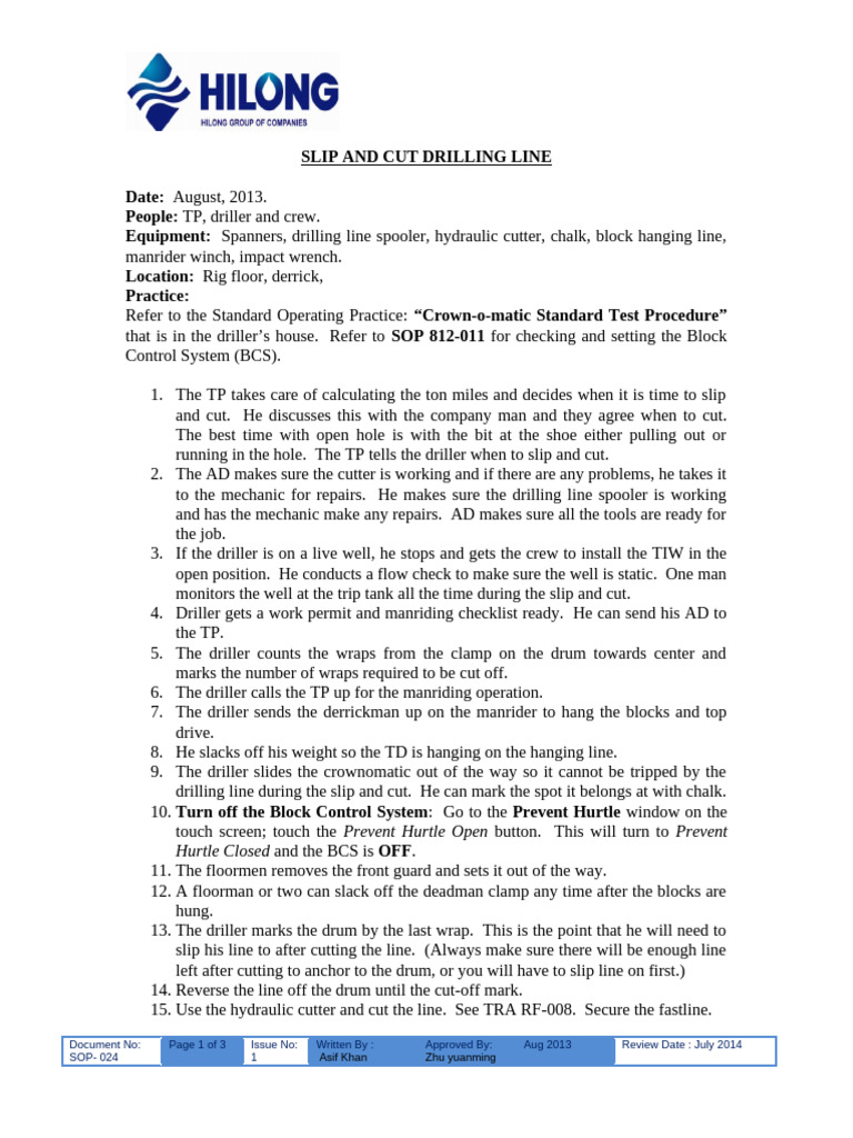 Slip and Cut Drilling Line Procedure | PDF