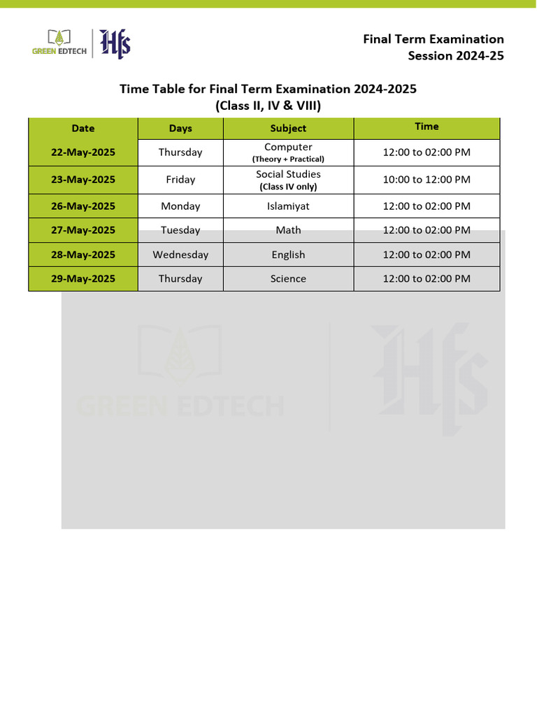 Final Exam Timetable 2025 | PDF