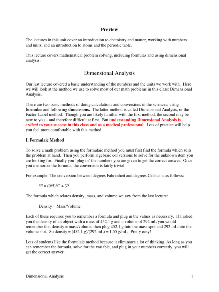 Math & Chemistry Lecture 2 - Dimensional Analysis | PDF | Foot (Unit ...