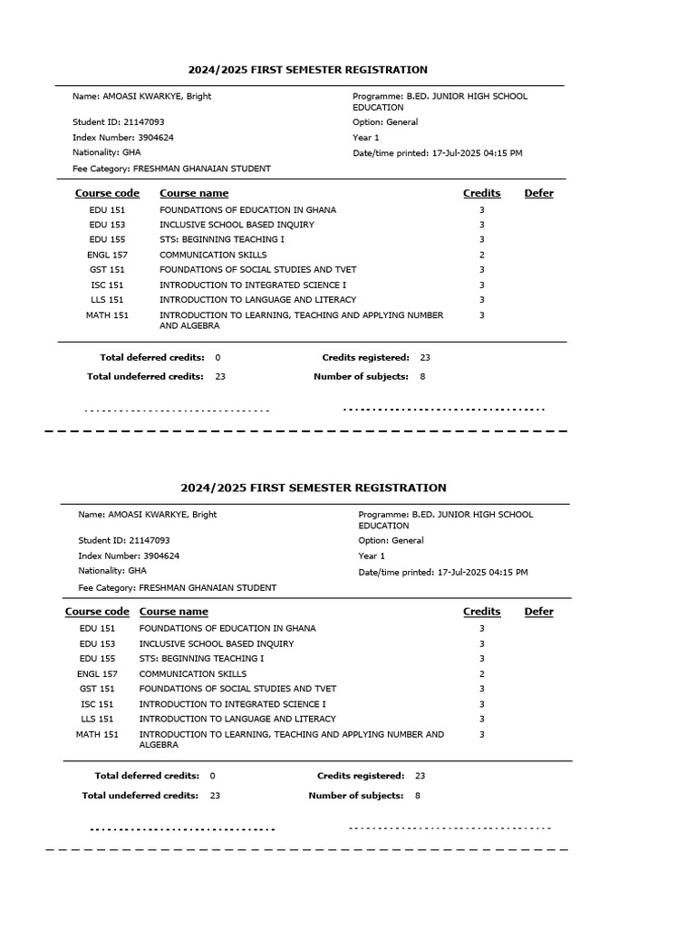 Registration Slip 21147093 2025 1-1 | PDF | Ghana | Educational Stages