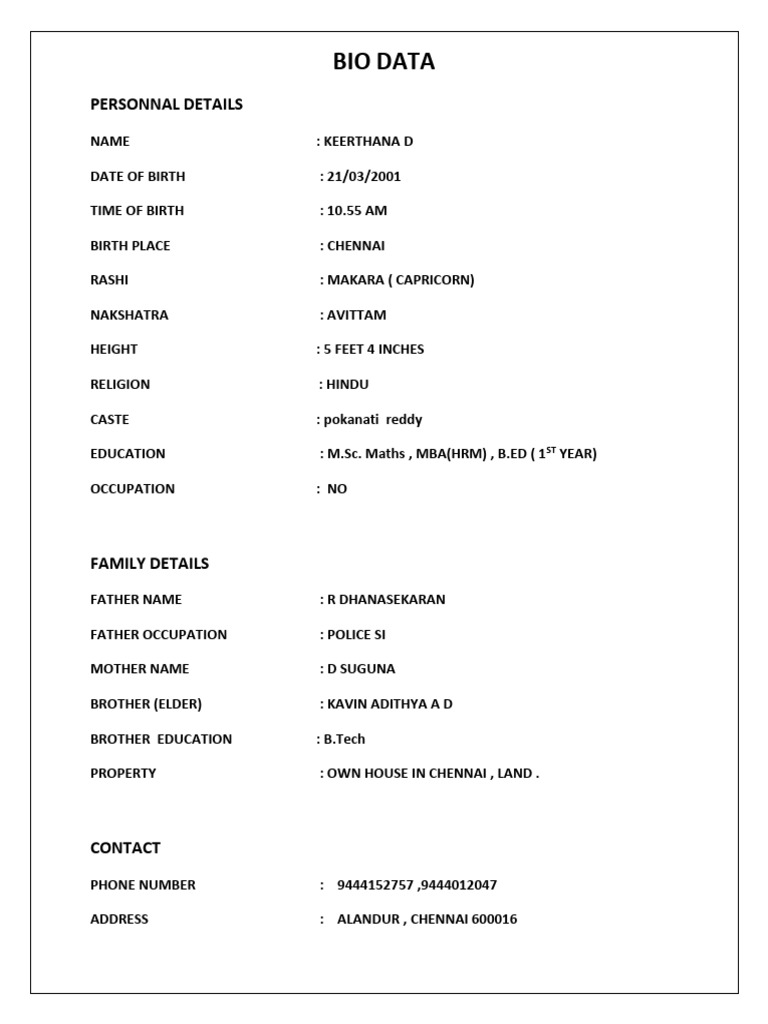 Keerthana D: Bio Data Overview | PDF