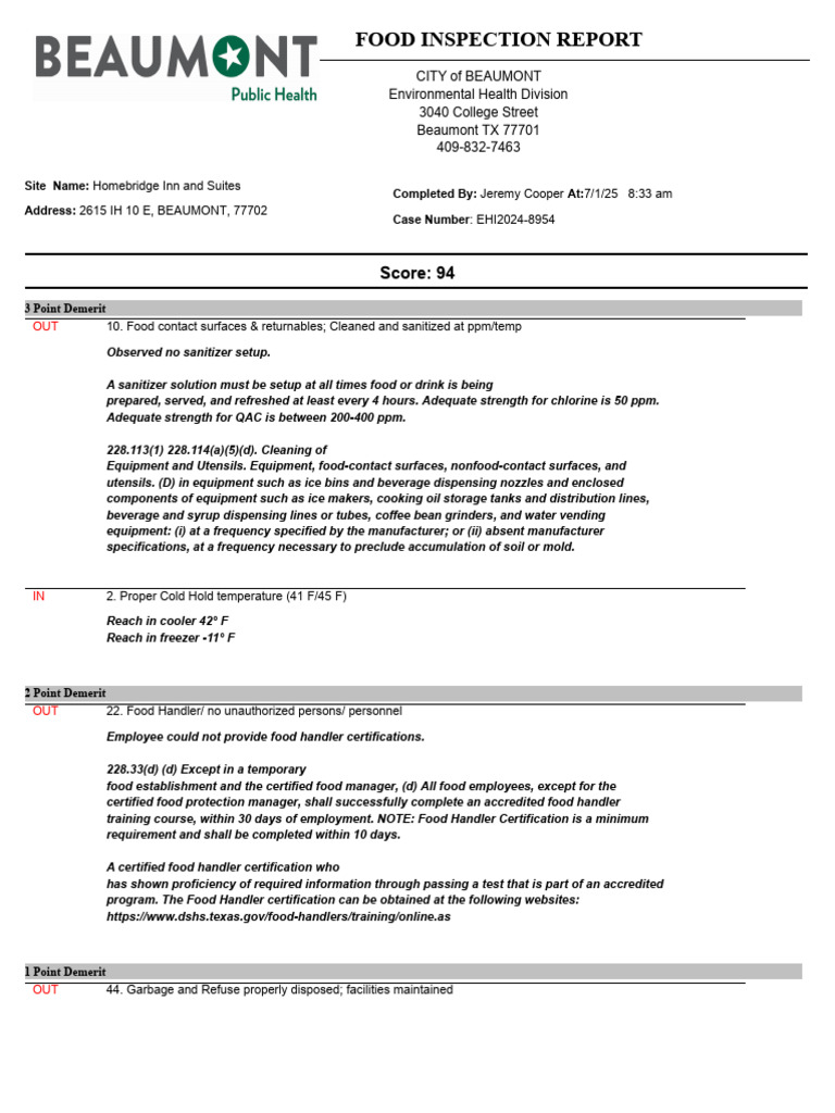 Homebridge Inn and Suites Inspection Report | PDF | Food Safety | Waste