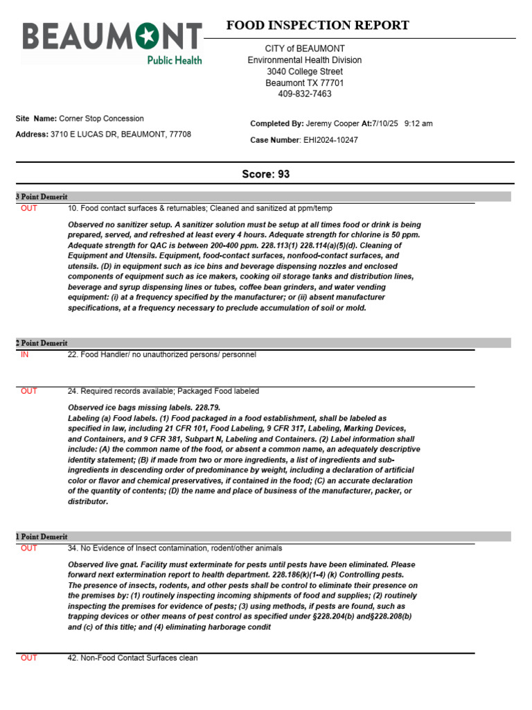 Beaumont Food Inspection Report 93 | PDF | Pest Control