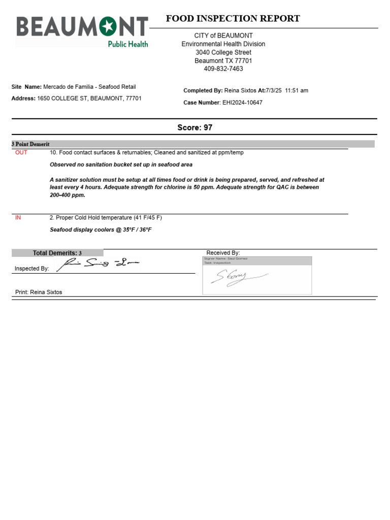 Beaumont Seafood Retail Inspection Report | PDF
