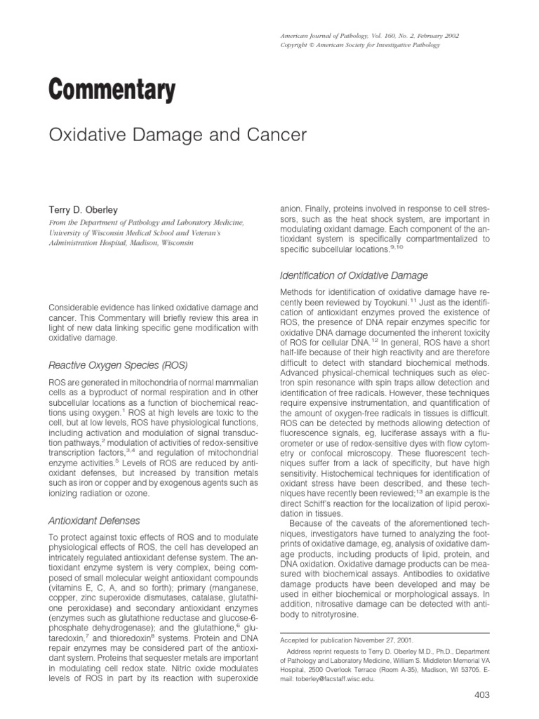 Oxidative Damage's Role in Cancer | PDF | Reactive Oxygen Species ...