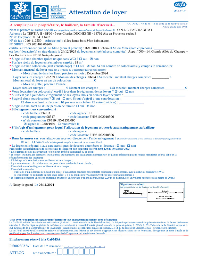 Attestation de loyer pour APL | PDF | Logement