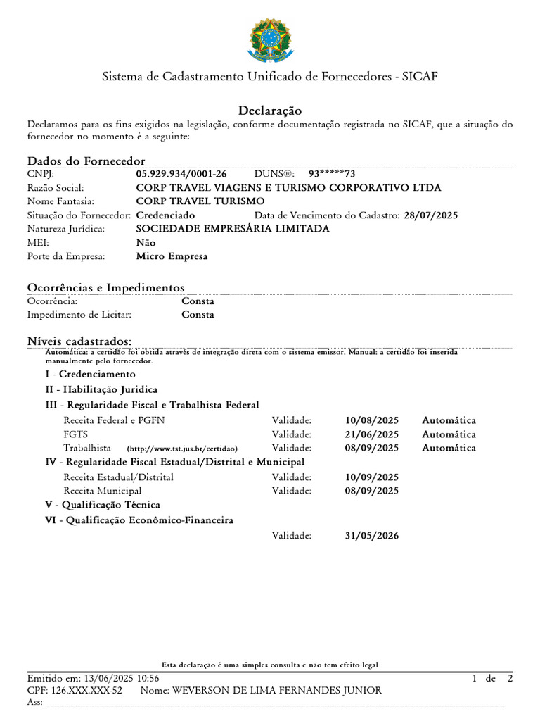 Sistema de Cadastramento Unificado de Fornecedores - SICAF: Declaração ...