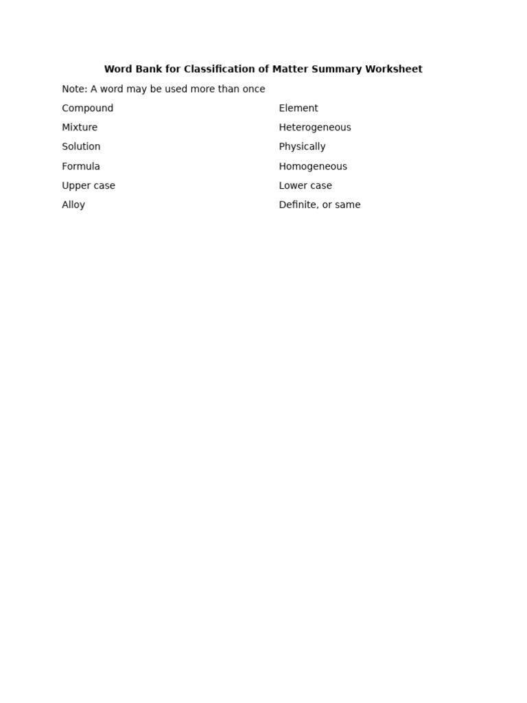 Word Bank For Classification of Matter Summary Worksheet | PDF