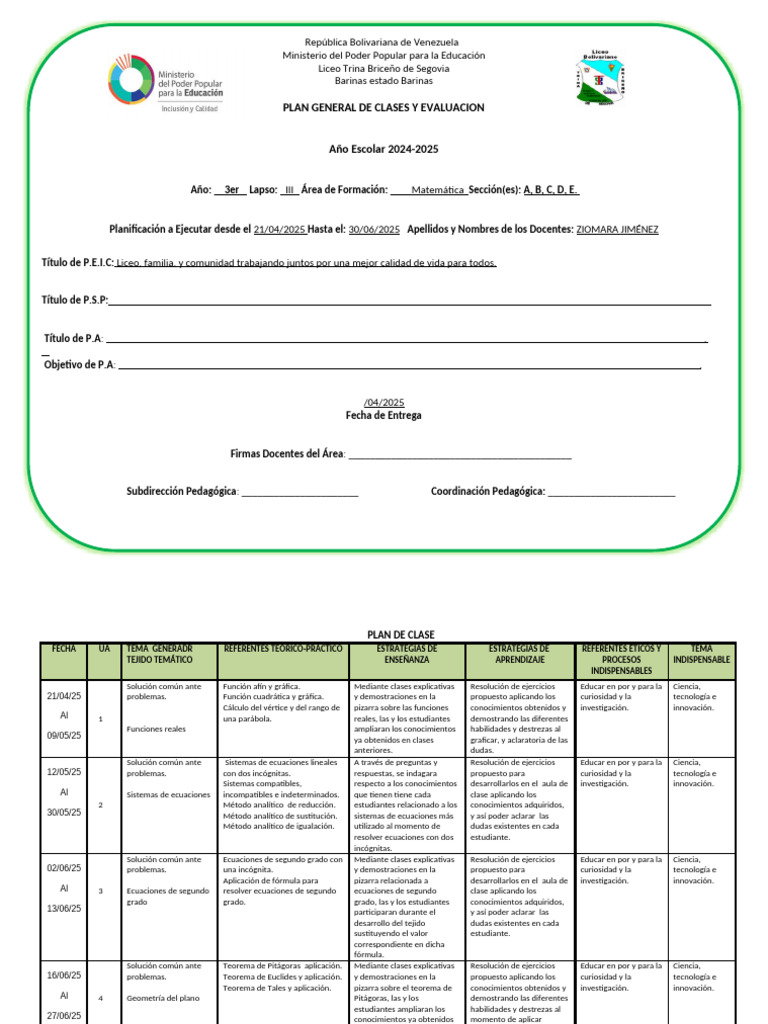 Plan de Clases de Matemáticas 2024-2025 | PDF | Ecuaciones | Ecuación ...