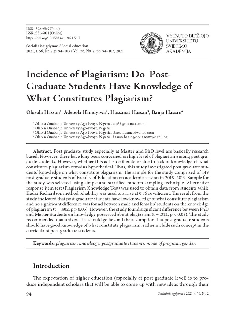 Incidence of Plagiarism Do Post - Graduate Students Have Knowledge of ...