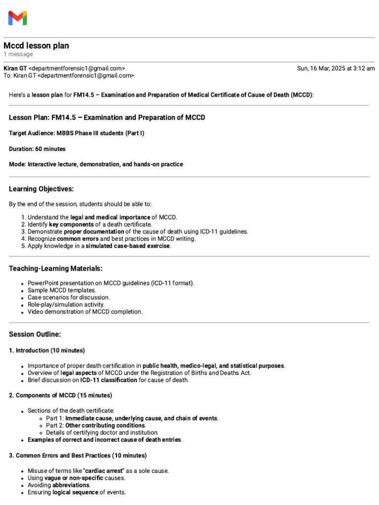 MCCD Lesson Plan for MBBS Students | PDF | Lesson Plan | Simulation