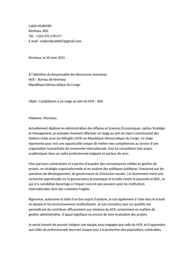 Candidature Stage HCR 2025 - RDC | PDF