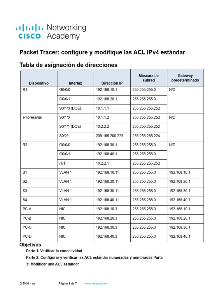 Configuración de ACL IPv4 en Packet Tracer | PDF | Enrutador ...