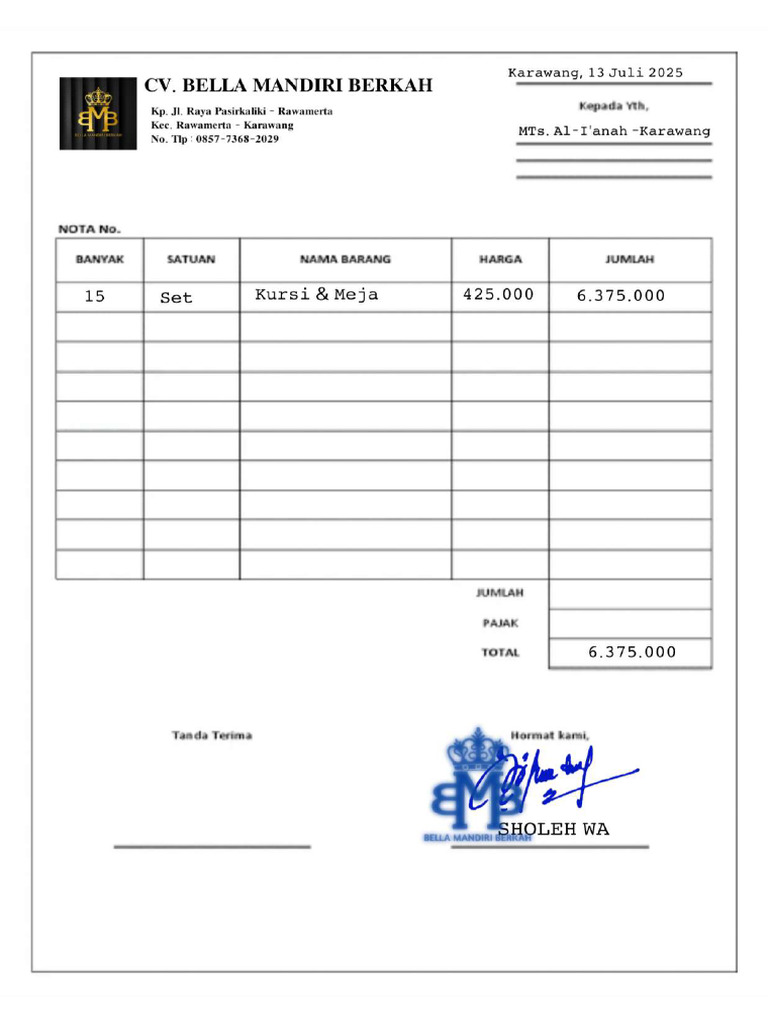 Nota Kursi Dari CV | PDF