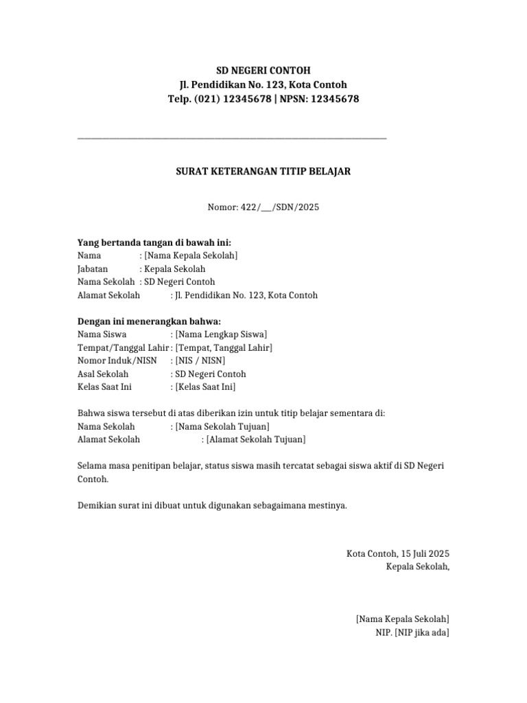 Surat Keterangan Titip Belajar Siswa SD | PDF