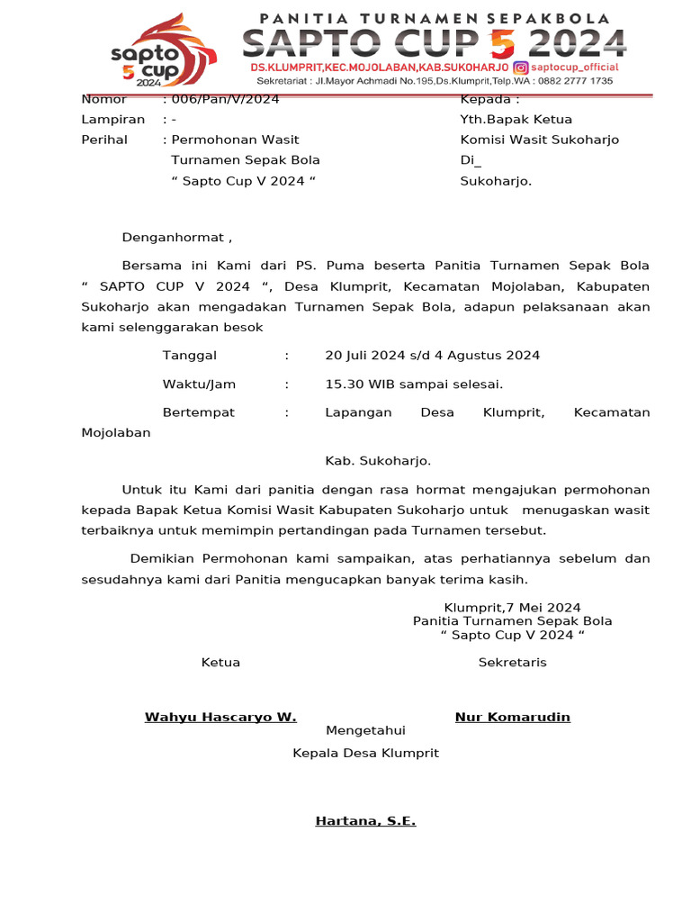 Permohonan Wasit untuk Sapto Cup 2024 | PDF