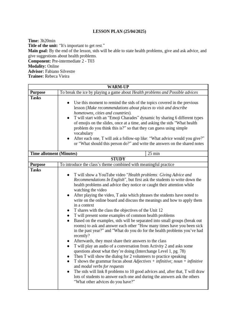 Lesson Plan: Health Advice Unit | PDF | Linguistics | Human Communication