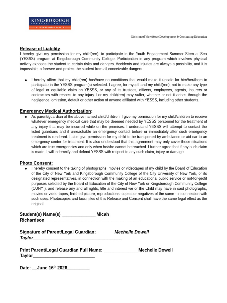 Youth Engagement Summer Program Liability Release | PDF | Legal ...