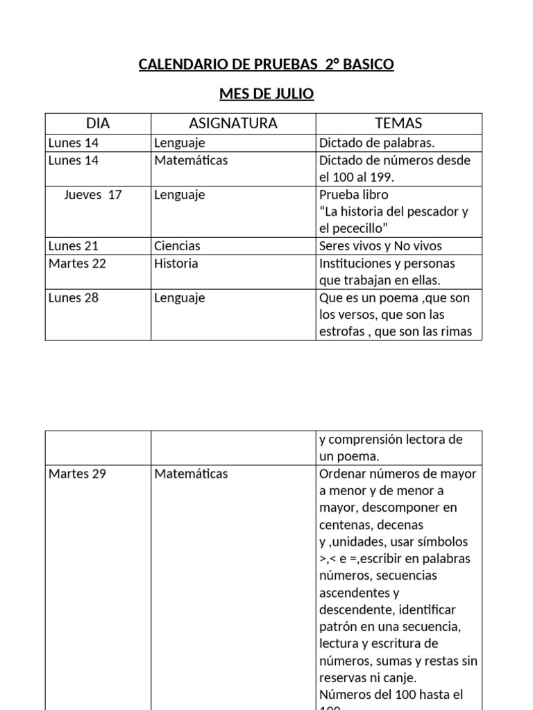 Calendario de Pruebas 1° y 2° Básico | PDF