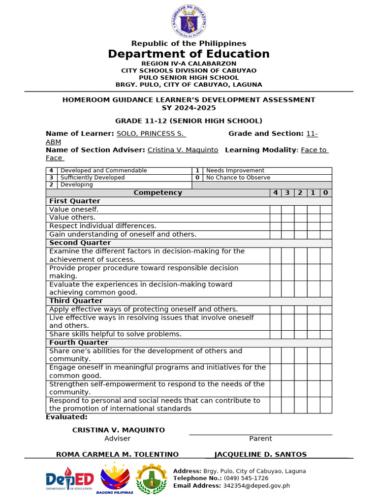 Homeroom Guidance Assessment Tool | PDF | Education Theory ...