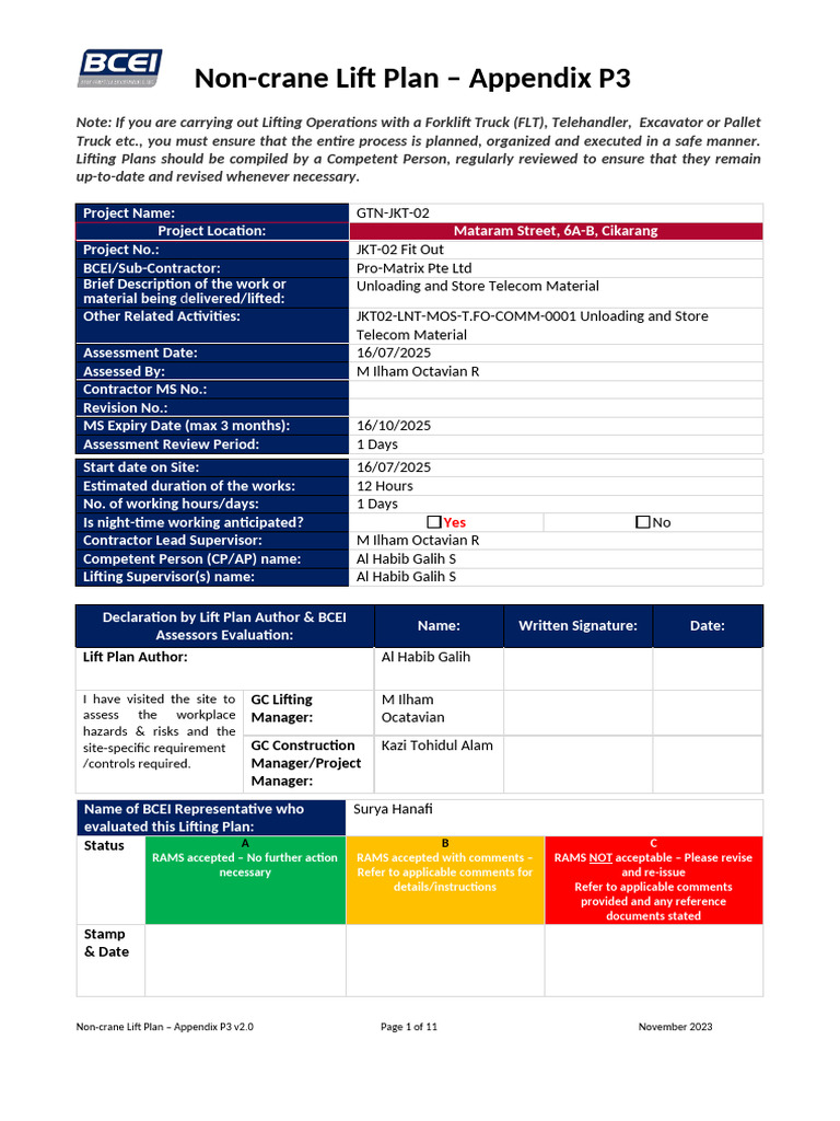 P3 - Non-Crane Lift Plan - Unloading Material Telecom 20250716 | PDF ...