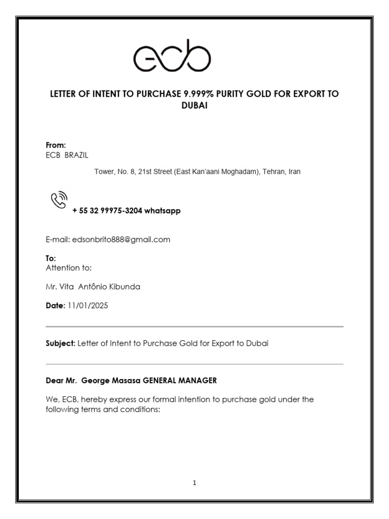 Intent to Purchase Gold for Dubai Export | PDF | Business