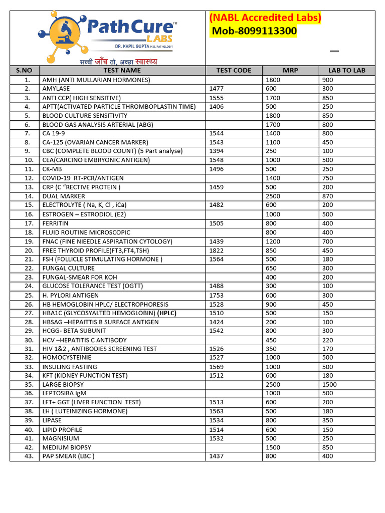 Pathcure Labs Test Price List | PDF | Thyroid | Clinical Medicine