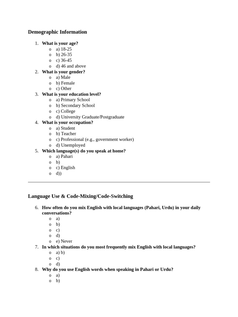 Demographic Survey on Language Use | PDF | English Language | Human ...